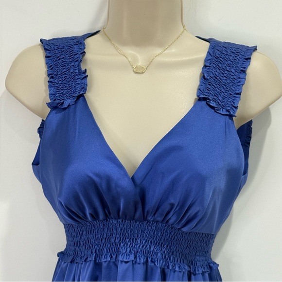 BCBGMaxAzria Silk Babydoll Tank Top Satin Blue Smocked XS Y2K Vintage Party Chic - Picture 4 of 11